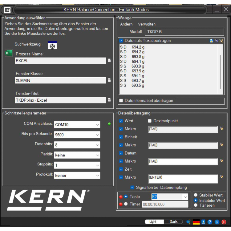 Flexible recording or transfer of measurements, particularly to Microsoft® Excel